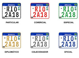 Imagem com as categorias da placa Mercosul para motos: particular; comercial; especial; diplomático, colecionador; e oficial.