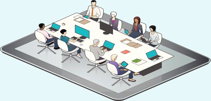 Imagem simbólica com um laptop e, acima dele, pessoas numa mesa de reunião, com computadores, etc. Imagem que remete à comunicação colaborativa