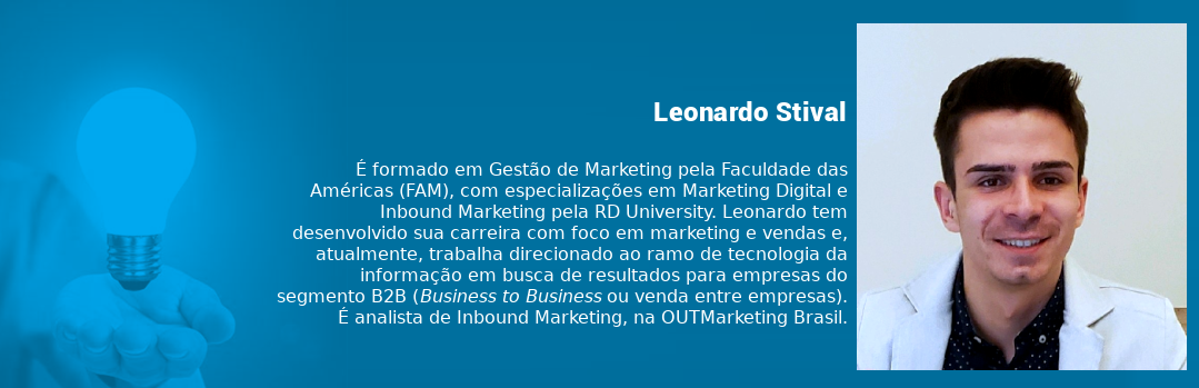 É formado em Gestão de Marketing pela Faculdade das Américas (Fam) e possui especialização em Marketing Digital pela Fundação Getúlio Vargas (FGV) e em Inbound Marketing pela RD University. Leonardo desenvolve sua carreira com foco em marketing e vendas, tendo acumulado experiência no segmento B2C (Business to Consumer ou venda para o consumo). Atualmente, trabalha direcionado ao ramo de tecnologia da informação com foco nos resultados para empresas do segmento B2B (Business to Business ou venda entre empresas)o. É analista de Inbound Marketing, na OUTMarketing Brasil.