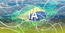 Imagem do congresso nacional ao fundo tendo à frente um desenho estilizado da bandeira do Brasil com várias linhas brancas e a sigla IA