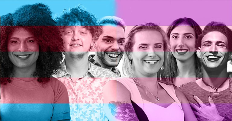 Fotos de pessoas trans e travestis em foto com os tons rosa e azul da bandeira trans