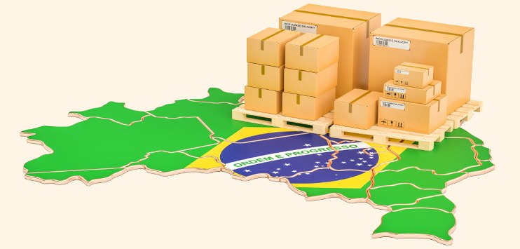 Ilustração com mapa do Brasil e caixas que remetem ao comércio exterior brasileiro