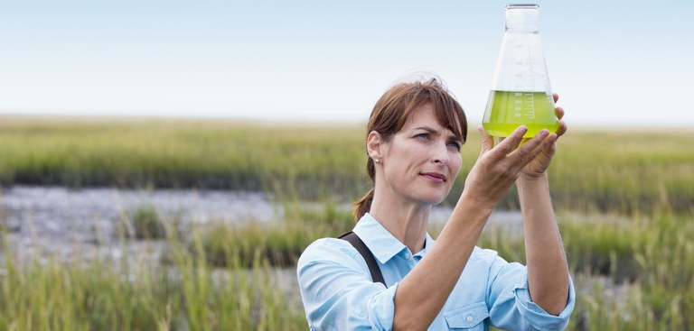 Cientista analisando biocombustível em trabalho de campo