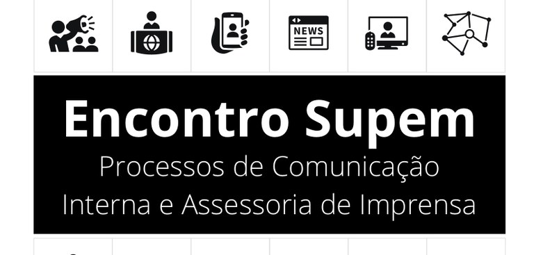 Logomarca Encontro Supem fundo preto com letras brancas e ícones de internet em cima