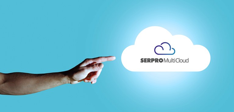 imagem mostra secção de um braço tocando uma nuvem que representa a multicloud Serpro