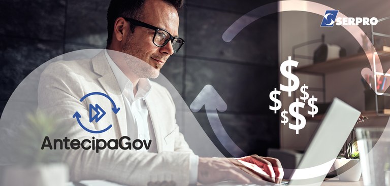 Foto de um homem trabalhando em um laptop. Sobre a imagem, estão aplicadas as marcas do Serpro e do AntecipaGov Foto de um homem trabalhando em um laptop. Sobre a imagem, estão aplicadas as marcas do Serpro e do AntecipaGov