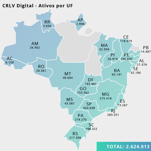 Mapa do Brasil com quantidade de CRLVs Digitais emitidos por estado