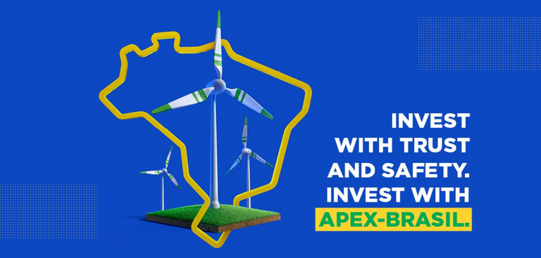 tela do portal Invest in Brasil com informações financeiras, com um mapa do Brasil estilizado com ícones de um campo de energia eólica e texto em inglês: invista com confiança e segurança com a Apex-Brasil.