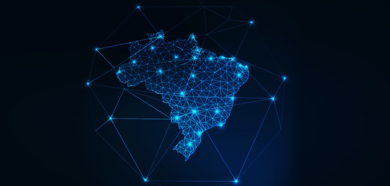 Mapa do brasil desenhado com traços iluminados sobre um fundo azul escuro