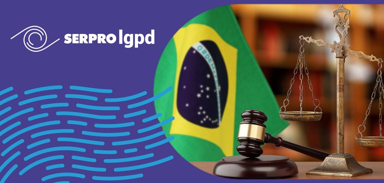 Imagem com a logomarca da solução Serpro LGPD, à esquerda. À direita, uma balança, e um martelo usado em tribunais, ambos remetendo à justiça