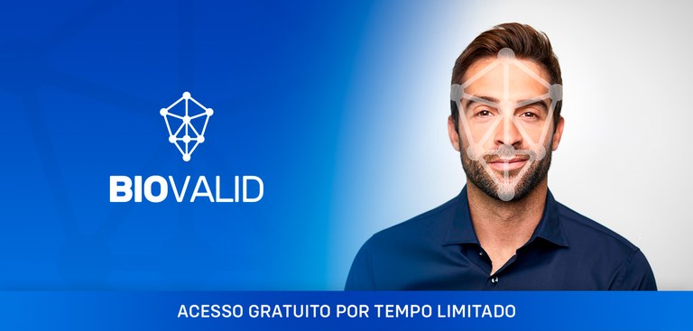 À esquerda, marca biovalid em branco sobre fundo azul. À direita, homem com efeito visual de validação biométrica sobre o rosto