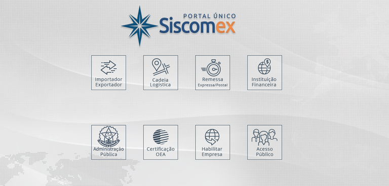 Ilustração de fundo cinza, com parte de um mapa mundi ao fundo. Acima, a marca do Portal ùnico Siscomex. Ao centro, oito quadrados que são os itens de navegação do portal.