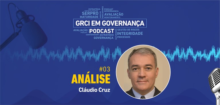 Ilustração de fundo azul com nuvem de palavras e nome GRCI em Podcast. Tema - Análise. Foto do convidado - Cláudio Cruz