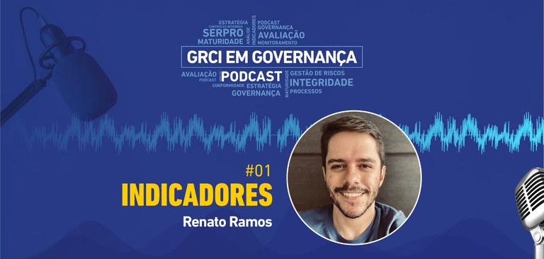 Ilustração de fundo azul. Nuvem de palavras: Estratégia, Serpro, Avaliação, Maturidade, Monitoramento, Governança, Gestão de Riscos, Integridade, Conformidade, Processos e Controles Internos, com destaque ao centro para: GRCI em Governança e Podcast. Imagem de microfone profissional. Foto e nome de Renato Ramos. Texto: #01 Indicadores. Ao centro, linhas de áudio