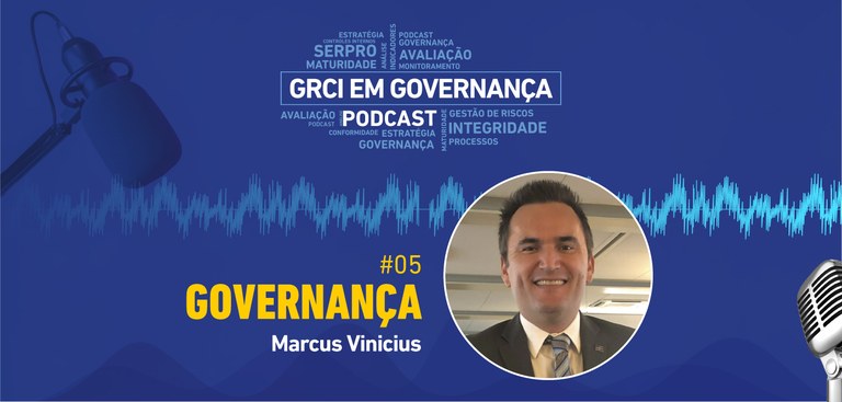 Ilustração de fundo azul com nuvem de palavras e nome GRCI em Podcast. Tema - Governança. Foto do convidado - Marcus Vinícius Bezerra