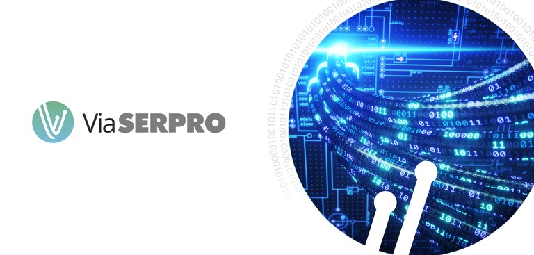 imagem destaca detalhe que simula fluxo rápido de informações com o texto Via Serpro