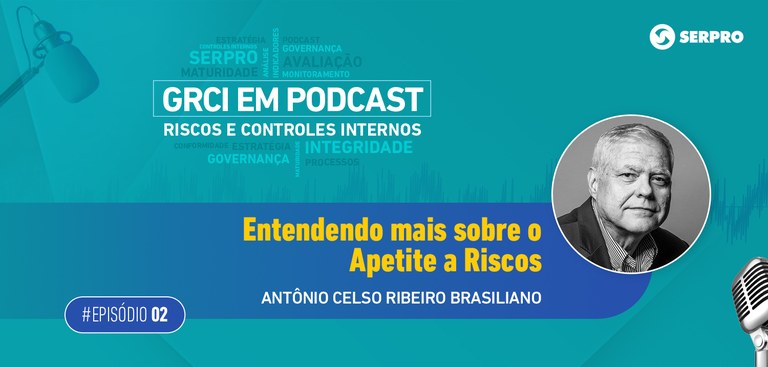 Imagem de fundo azul claro esverdeado. GRCI em Podcast. Nuvem de palavras. Entendendo mais sobre o apetite a riscos. Antônio Celso Ribeiro Brasiliano (foto). Episódio 2. Imagens de microfones. Marca Serpro.