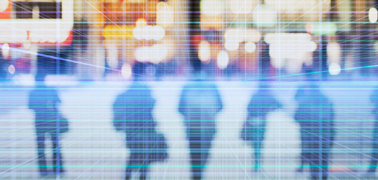 Composição abstrata que sugere a imagem de pessoas de negócio andando pelo cyberespaço
