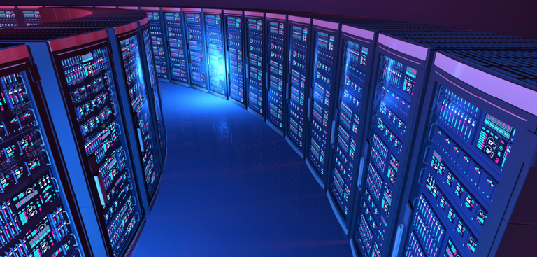 Imagem de um centro de dados exibindo uma série de gabinetes de computadores