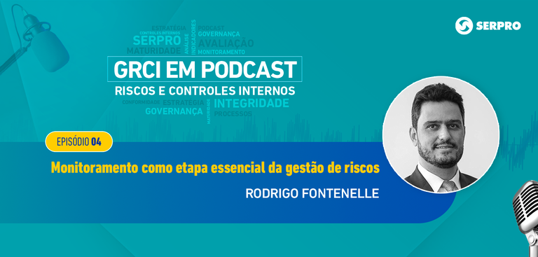 Imagem de fundo verde. GRCI em Podcast. Nuvem de palavras. Monitoramento como etapa essencial da gestão de riscos. Rodrigo Fontenelle (foto). Episódio 4. Imagens de microfones. Marca Serpro.