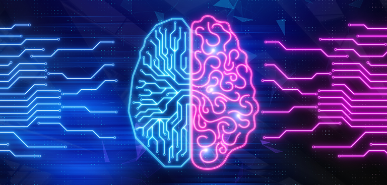 Ilustração estilizada de um cérebro meio humano e meio máquina