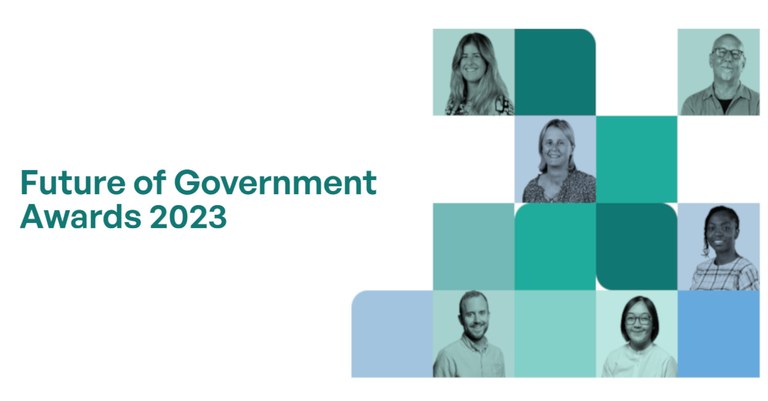 Quadrados verdes com fotos de pessoas e texto Future of Government Awards 2023.jpg