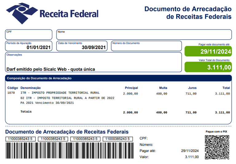 Exemplo de um Darf Numerado, com código de barras e QR Code