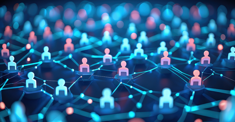 Ilustração conceitual de uma rede digital com ícones de pessoas interconectadas, simbolizando o fluxo de dados pessoais e a importância da governança para garantir segurança, privacidade e integridade no ambiente digital