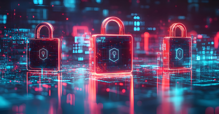Ilustração de cadeados em ambiente holográfico digital, simbolizando proteção de dados e segurança cibernética