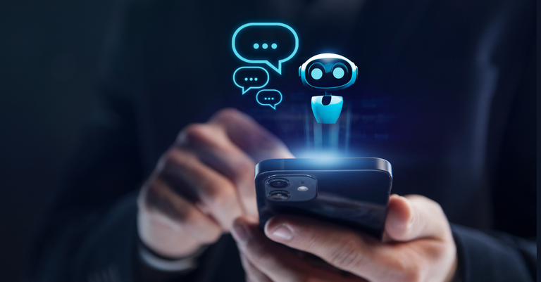 Ilustração de um celular sobre o qual flutuam ícones e símbolos que remetem ao diálogo com um robô, representando a interação de um humano com uma inteligência artificial