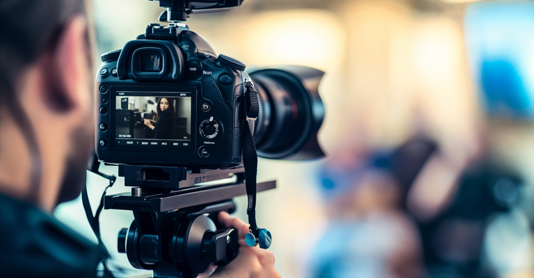Close-up de um operador usando uma câmera profissional durante uma filmagem