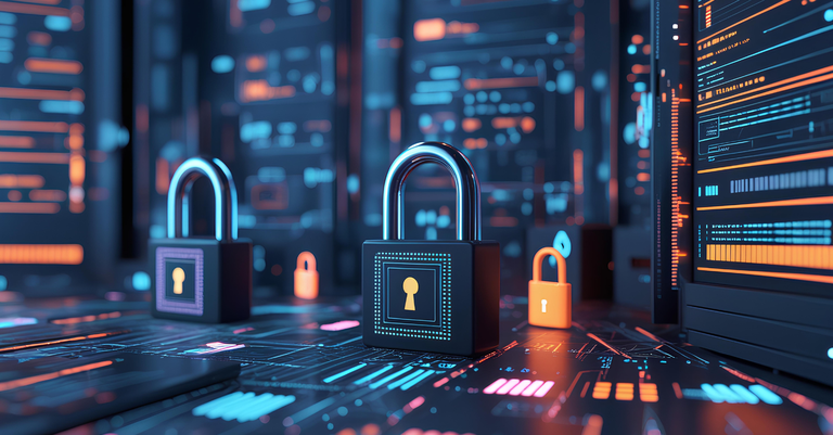 Imagem que evoca a cibersegurança, numa ambientação que remete a placas de circuitos e ilustrações de cadeados para representar recursos de proteção de dados