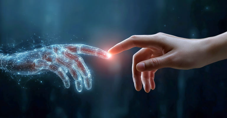 Imagem de uma mão robótica/digital tocando uma mão humana Imagem de uma mão robótica/digital tocando uma mão humana