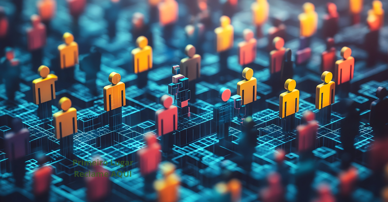 Ilustração que mescla conceitos de inteligência de máquina e representações de pessoas para remeter à interação entre máquinas e sociedade