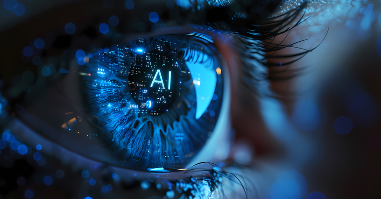 Close-up de um olho humano refletindo a sigla “AI” em uma tela de computador, simbolizando o uso da inteligência artificial Close-up de um olho humano refletindo a sigla “AI” em uma tela de computador, simbolizando o uso da inteligência artificial