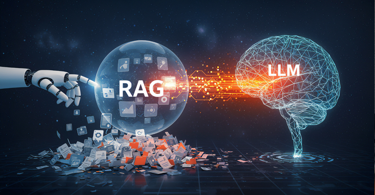 Ilustração de uma mão robótica apontando para as siglas RAG e LLM, em referência à forma como se dá o aprendizado da inteligência artificial