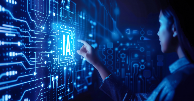 Ilustração de uma mulher clicando em um holograma das letras IA em exibição junto a ícones e referências de banco de dados, big data e tecnologia da informação