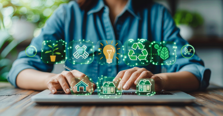 Ilustração de uma interface de TI Verde: Pessoa vestindo jeans usa um laptop com ícones como plantas, símbolo de reciclagem e uma casa de fazenda, enfatizando a sustentabilidade ambiental Ilustração de uma interface de TI Verde: Pessoa vestindo jeans usa um laptop com ícones como plantas, símbolo de reciclagem e uma casa de fazenda, enfatizando a sustentabilidade ambiental
