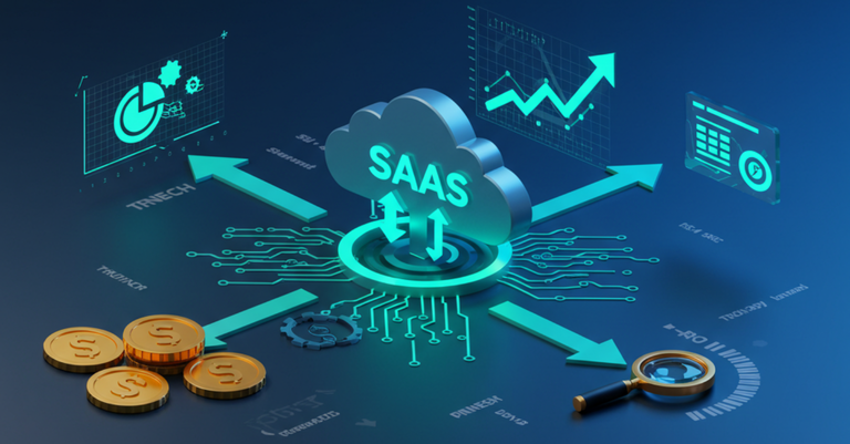 Ícones digitais em tons de azul e verde sobre fundo escuro representam inovação tecnológica e parceria. No centro, uma nuvem "SaaS" com setas bidirecionais irradia conexões para um gráfico de crescimento, moedas, um painel de controle e uma lupa sobre dados, simbolizando integração, análise financeira e segurança de dados