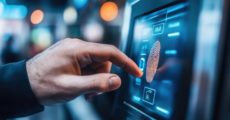 Pessoa utilizando um sistema de autenticação biométrica por impressão digital em uma tela sensível ao toque, representando tecnologia avançada de identificação segura e controle de acesso