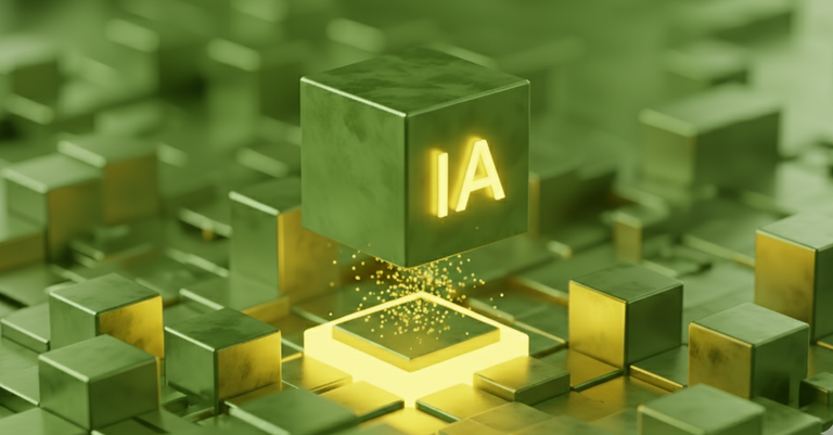 Representação de tecnologia futurista remetendo à Inteligência Artificial, com cubos em tons de verde claro e a inscrição "IA" em destaque com brilho amarelo intenso