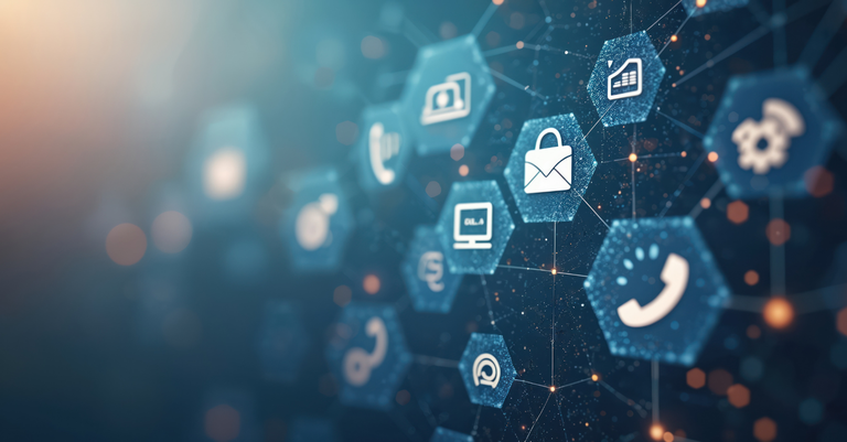 Imagem conceito de tecnologia com ícones que remetem a conexão, comunicação e serviços online