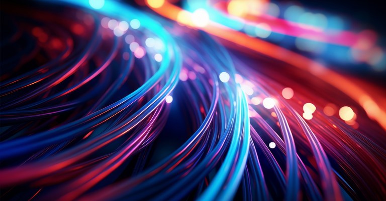 Imagem de linhas luminosas que remetem a cabos de fibra óptica ou trilhas de circuitos de dados Imagem de linhas luminosas que remetem a cabos de fibra óptica ou trilhas de circuitos de dados