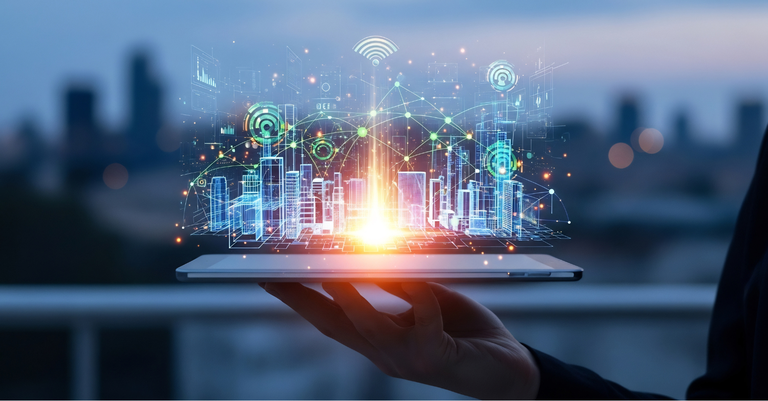 Mão segura um notebook aberto, projetando uma cidade digital iluminada com ícones de conectividade e gráficos, simbolizando tecnologia e transformação digital. Mão segura um notebook aberto, projetando uma cidade digital iluminada com ícones de conectividade e gráficos, simbolizando tecnologia e transformação digital.