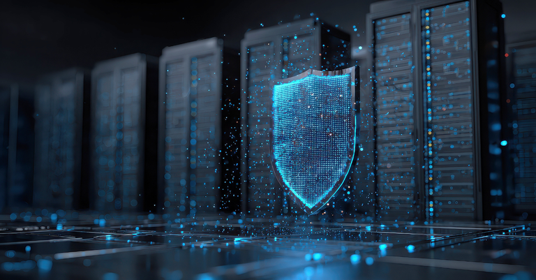 Ilustração de um escudo digital protegendo racks de computadores em uma configuração de infraestrutura de tráfego e processamento de dados segura