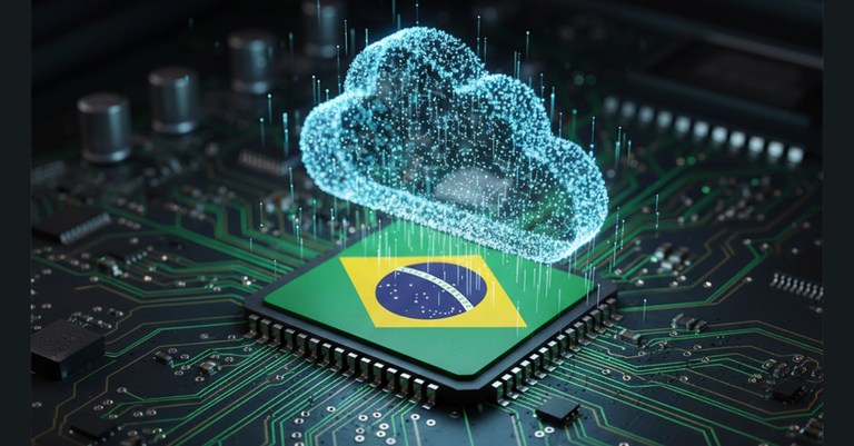Interior de um computador em detalhe, onde um chip ostenta a bandeira do Brasil sob uma nuvem digital brilhante, simbolizando a soberania nacional sobre a infraestrutura tecnológica e a computação em nuvem