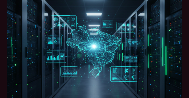 Imagem retrata o mapa do Brasil estilizado digitalmente, com pontos e linhas luminosas em azul, no centro de um data center moderno. Telas flutuantes com gráficos e dados cercam o mapa, simbolizando a gestão e conectividade de informações fiscais em uma infraestrutura tecnológica robusta