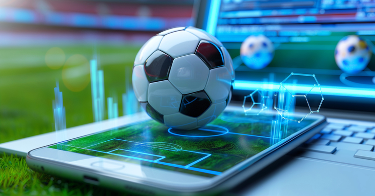 Ilustração com um celular num estádio de futebol e uma bola digitalizada remetendo ao conceito de apostas esportivas