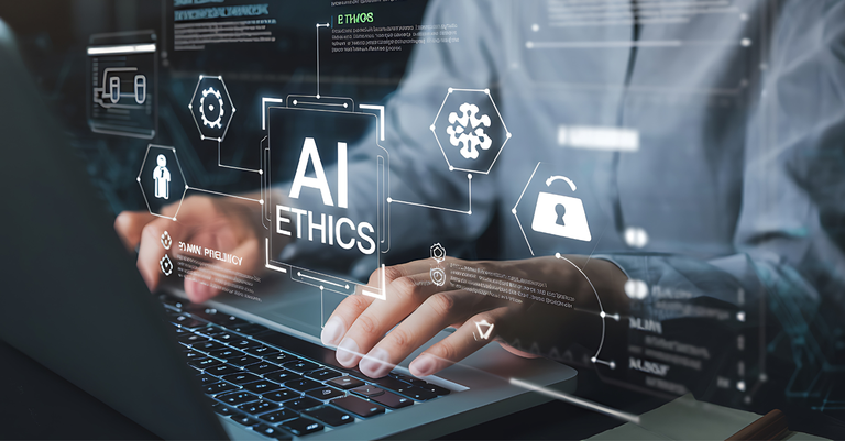 Imagem de uma pessoa digitando em um laptop. Sobre a cena, símbolos de justiça e segurança flutuam para remeter ao conceito de ética, legislação e governança de inteligência artificial