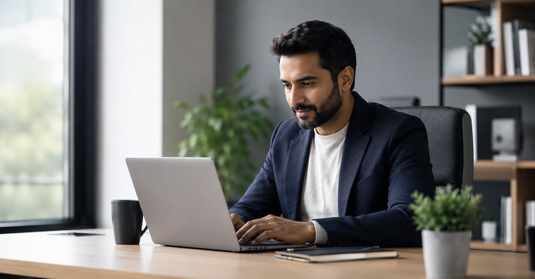 Empresário sentado à mesa em escritório moderno, usando um notebook. Ao fundo, há estante e plantas, em ambiente bem iluminado por luz natural Empresário sentado à mesa em escritório moderno, usando um notebook. Ao fundo, há estante e plantas, em ambiente bem iluminado por luz natural
